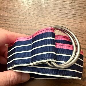 J. Crew Navy and Pink Striped Belt with Silver Rings